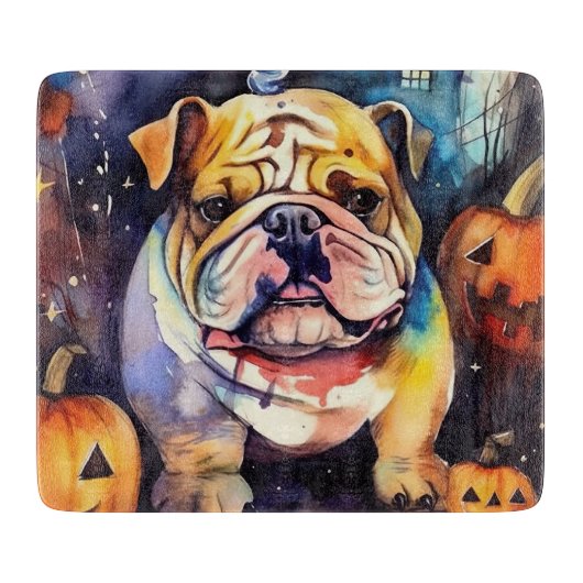 Halloween Bulldog met pompoenen eng Snijplank (Voorkant)