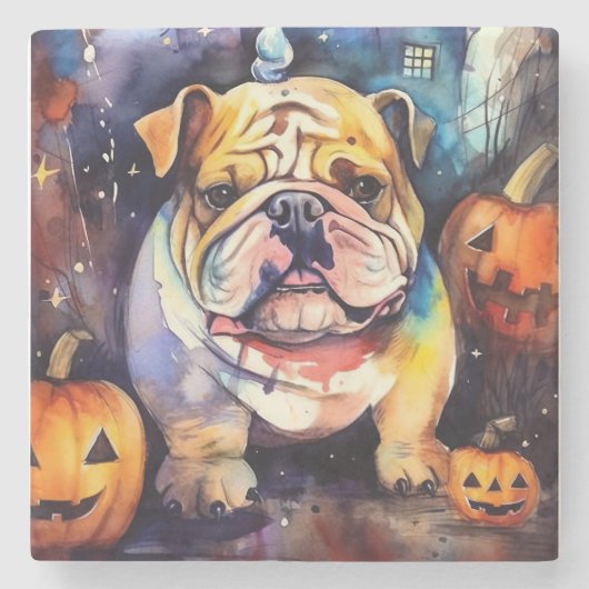 Halloween Bulldog met pompoenen eng Stenen Onderzetter (Voorkant)