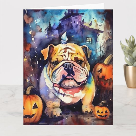 Halloween Bulldog Met Pompoenen Griezelen Kaart (Kleine Plant)