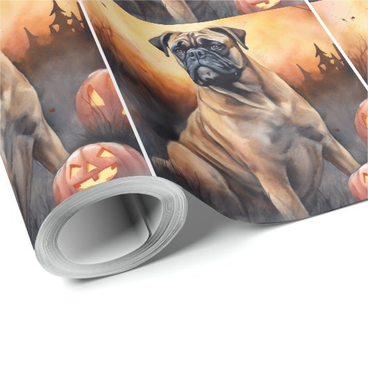 Halloween bullmastiff met pompoenen eng cadeaupapier (Rol Hoek)