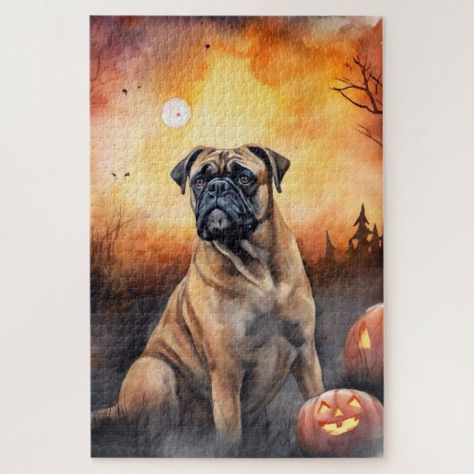 Halloween bullmastiff met pompoenen eng legpuzzel (Verticaal)