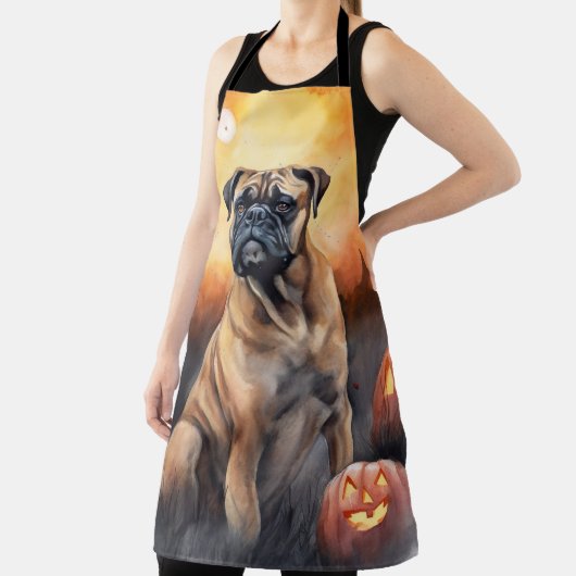 Halloween bullmastiff met pompoenen eng schort (Insitu)