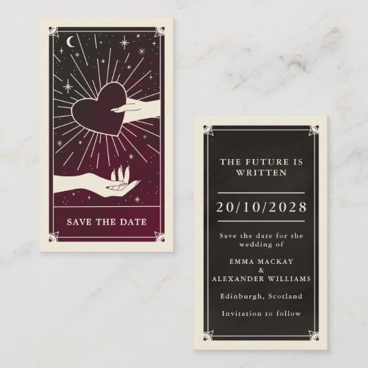 Halloween Burgundy Tarot Wedding Save the Date Visitekaartje (Voorkant / Achterkant)