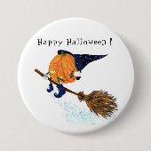 Halloween Button heks Pumpkin Flying Broom (Voorkant)