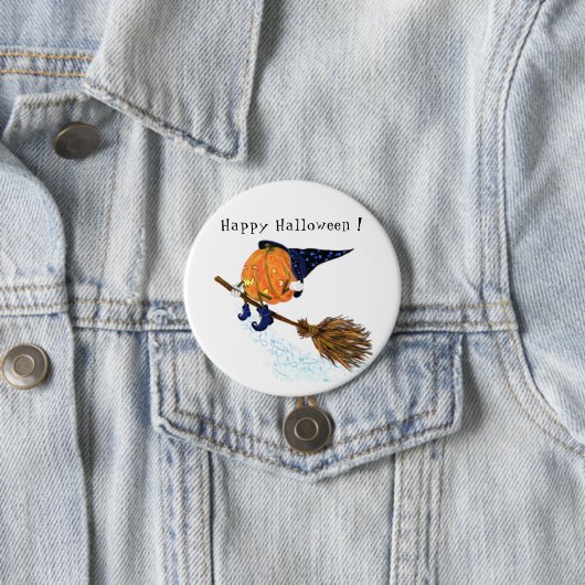 Halloween Button heks Pumpkin Flying Broom (In situ)