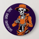 Halloween Buttonnen, Graveyard Grind Time Skelet Ronde Button 4,0 Cm (Voorkant)
