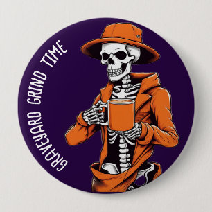 Halloween Buttonnen, Graveyard Grind Time Skelet Ronde Button 4,0 Cm
