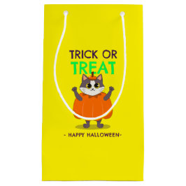 Halloween cadeau tas, kat in pompoen met geel klein cadeauzakje