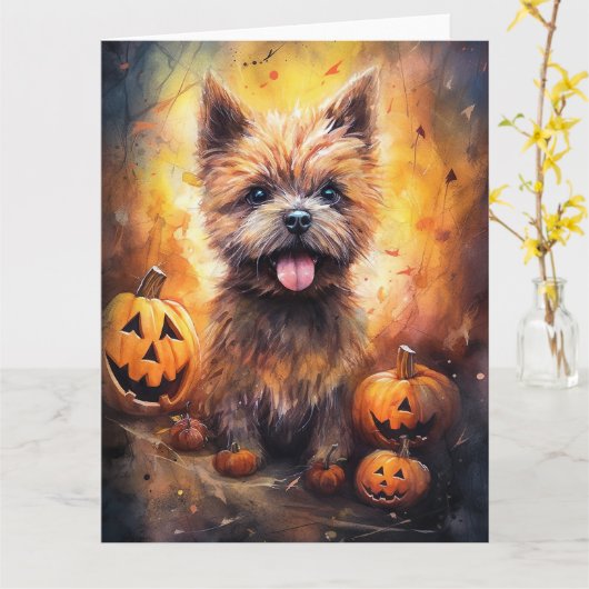 Halloween Cairn Terrier met pompoenen eng Kaart (Gele Bloem)