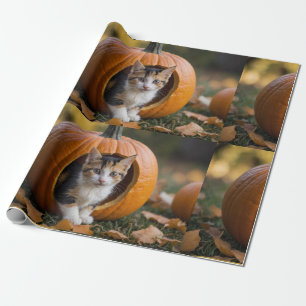 Halloween Calico Kitten Zittend in een Pompoen Cadeaupapier