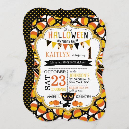 Halloween Candy Corn Black Cat Pumpkins Birthday Kaart (Voorkant / Achterkant)