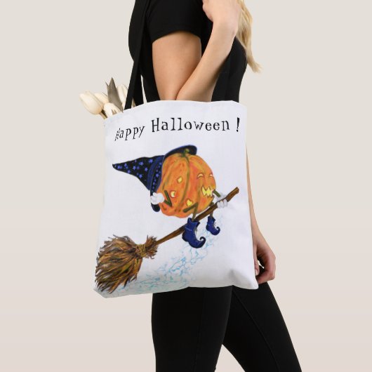 Halloween Canvas tas heks Pumpkin Flying Broom (Dichtbij)