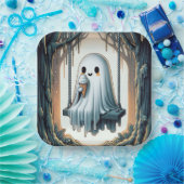 Halloween Cartoon Ghost Met Ice Cream Cone Papieren Bordje (Feest)