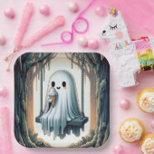 Halloween Cartoon Ghost Met Ice Cream Cone Papieren Bordje (Feest)