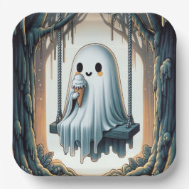 Halloween Cartoon Ghost Met Ice Cream Cone Papieren Bordje