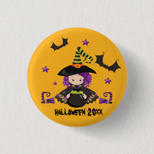 Halloween Cartoon heks Vleermuizen Ketel Groene To Ronde Button 3,2 Cm