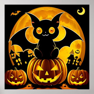 Halloween Cartoon Vleermuizen Vliegen Over Pompoen Poster