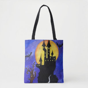 Halloween Castle Bats Tree Tekening Canvas tas