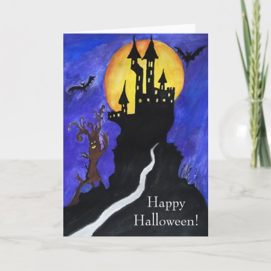 Halloween Castle Bats Tree Tekening Wenskaart Kaart (Voorkant)