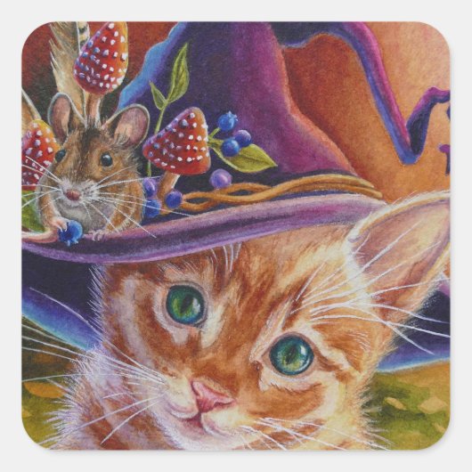 Halloween Cat and Mouse No. 1 Waterverf Art Vierkante Sticker (Voorkant)