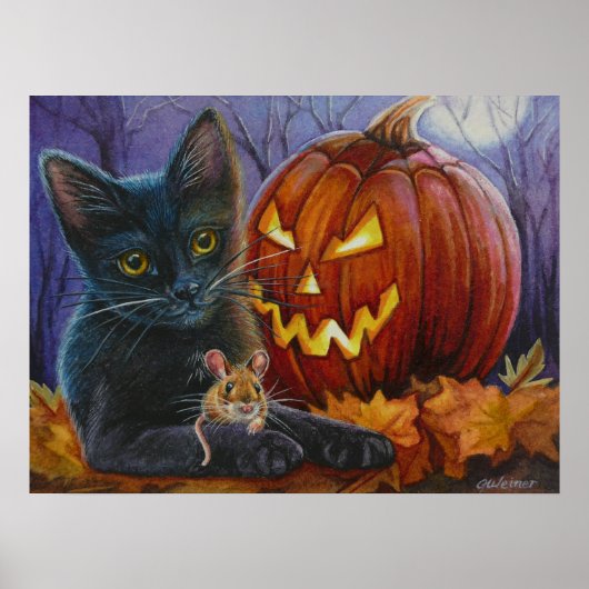 Halloween Cat and Mouse No. 2 Waterverf Art. 18x24 Poster (Voorkant)