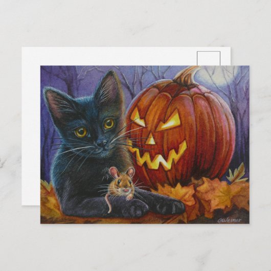 Halloween Cat and Mouse No. 2 Waterverf Art Briefkaart (Voorkant / Achterkant)
