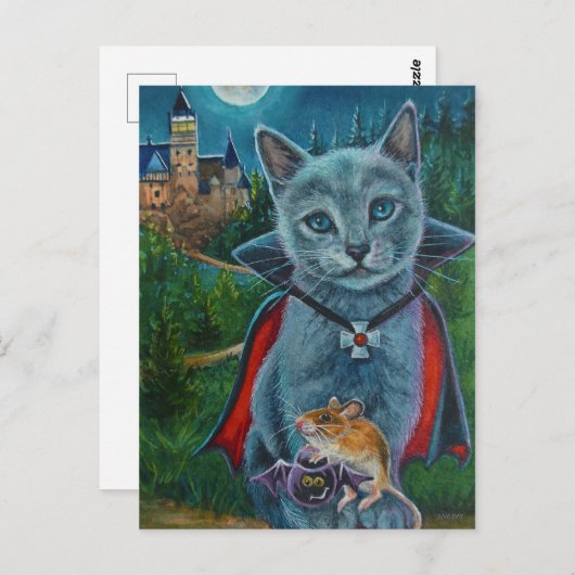 Halloween Cat and Mouse No. 3 Waterverf Art Briefkaart (Voorkant / Achterkant)