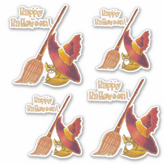 Halloween Cat & bezem Vinyl gesneden stickers (Voorkant)