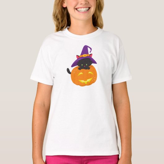 Halloween Cat, Black Cat, heks Pet, pompoen T-shirt (Voorkant)