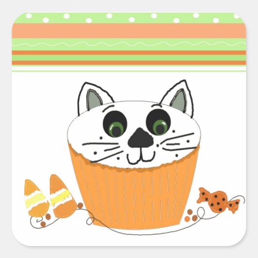 Halloween Cat Cupcake Vierkante Sticker (Voorkant)
