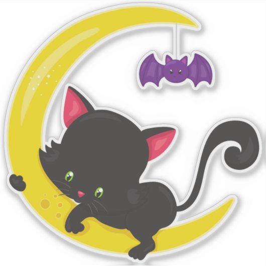 Halloween Cat, Cute Cat, Black Cat, Moon, Bat Sticker (Voorkant)