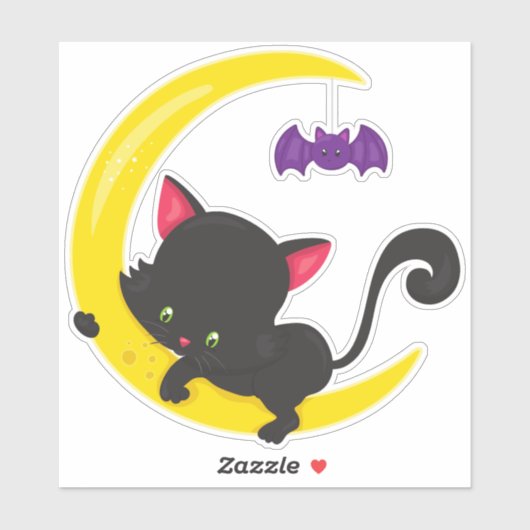 Halloween Cat, Cute Cat, Black Cat, Moon, Bat Sticker (Vel)
