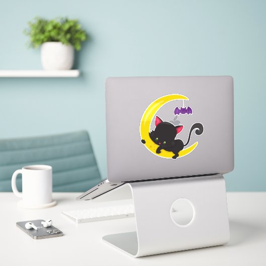 Halloween Cat, Cute Cat, Black Cat, Moon, Bat Sticker (Laptop op bureau)