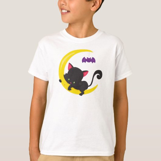 Halloween Cat, Cute Cat, Black Cat, Moon, Bat T-shirt (Voorkant)