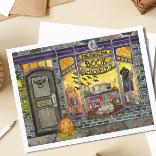 Halloween Cat en Book Shop Briefkaart