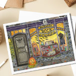 Halloween Cat en Book Shop Briefkaart<br><div class="desc">Dit zoete Halloween boekenschilderij werd gemaakt als de Oktoberpagina van een kalenderreeks waterverf winkels. De Night Owl Book Shoppe is open voor zakelijk gebruik, met een spookachtig, maar schattig boekwinkelvenster vol met hevige tanden, haunende boeken, vleermuisdecoraties, gekloonde pompoenen, magische spelboeken en een slapy grijze pootkat. Een hefboom van lantaarn zit...</div>