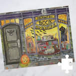 Halloween Cat en Book Shop Legpuzzel<br><div class="desc">Dit zoete Halloween boekenschilderij werd gemaakt als de Oktoberpagina van een kalenderreeks waterverf winkels. De Night Owl Book Shoppe is open voor zakelijk gebruik, met een spookachtig, maar schattig boekwinkelvenster vol met hevige tanden, haunende boeken, vleermuisdecoraties, gekloonde pompoenen, magische spelboeken en een slapy grijze pootkat. Een hefboom van lantaarn zit...</div>