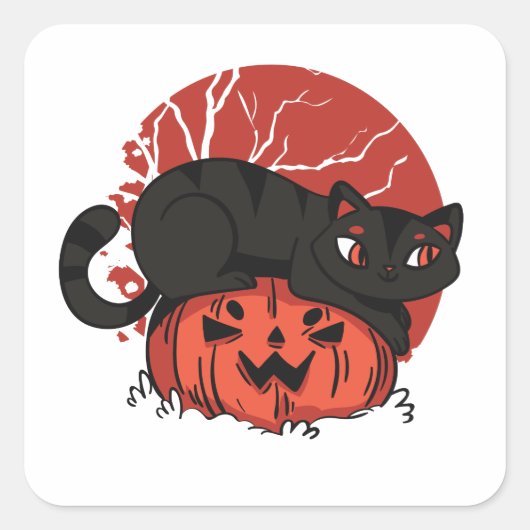 Halloween Cat en Jack op Lantern Vierkante Sticker (Voorkant)