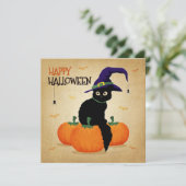 Halloween Cat en Pompoenen | Uitnodiging (Staand voorkant)