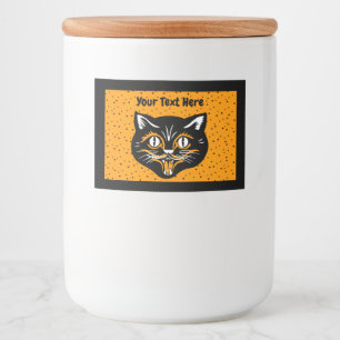 Halloween Cat Face Zwart Sinaasappel Wit op Sterre Voedselcontainer Etiket