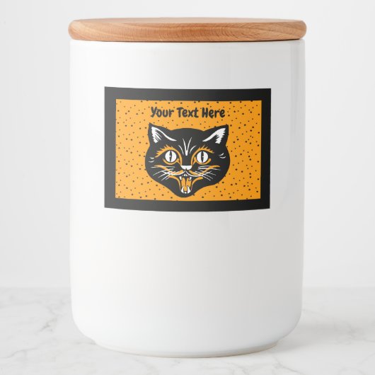 Halloween Cat Face Zwart Sinaasappel Wit op Sterre Voedselcontainer Etiket (Voorkant)