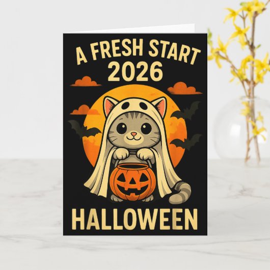 Halloween Cat Ghost Graphic - Fresh Start 2026 Kaart (Gele Bloem)