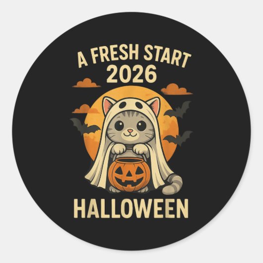 Halloween Cat Ghost Graphic - Fresh Start 2026  Ronde Sticker (Voorkant)