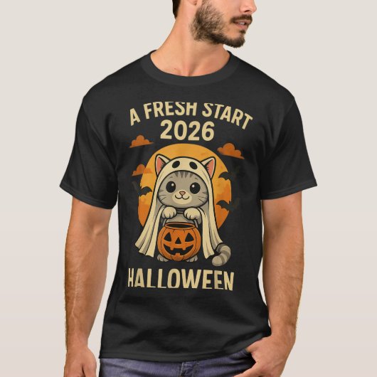 Halloween Cat Ghost Graphic - Fresh Start 2026  T-shirt (Voorkant)