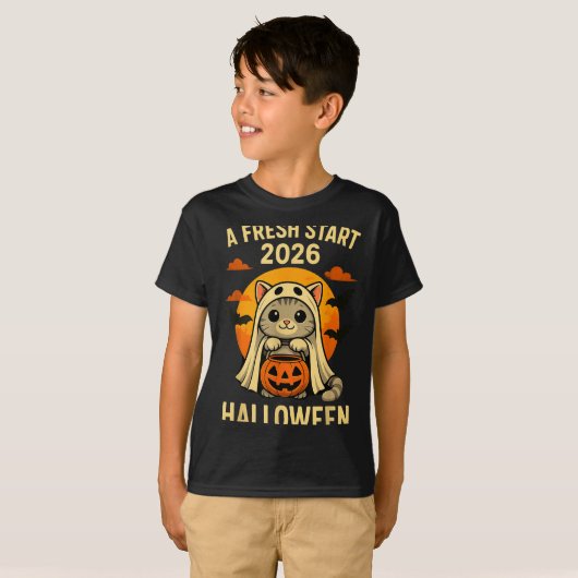 Halloween Cat Ghost Graphic - Fresh Start 2026  T-shirt (Voorkant volledig)