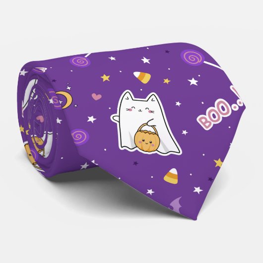 Halloween Cat Ghost Stropdas (Opgerold)