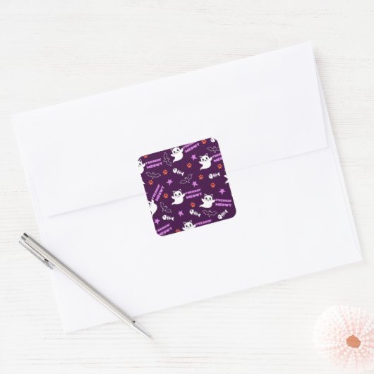 Halloween Cat Ghost Vierkante Sticker (Envelop)