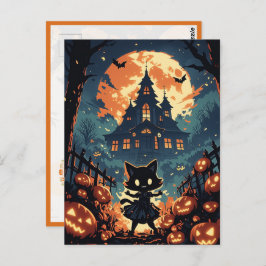 Halloween Cat Girl at the Haunted House Briefkaart