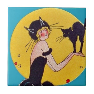 Halloween Cat Girl en Black Cat Tegeltje