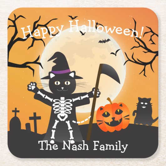 Halloween Cat Grim Reaper Kartonnen Onderzetters (Voorkant)